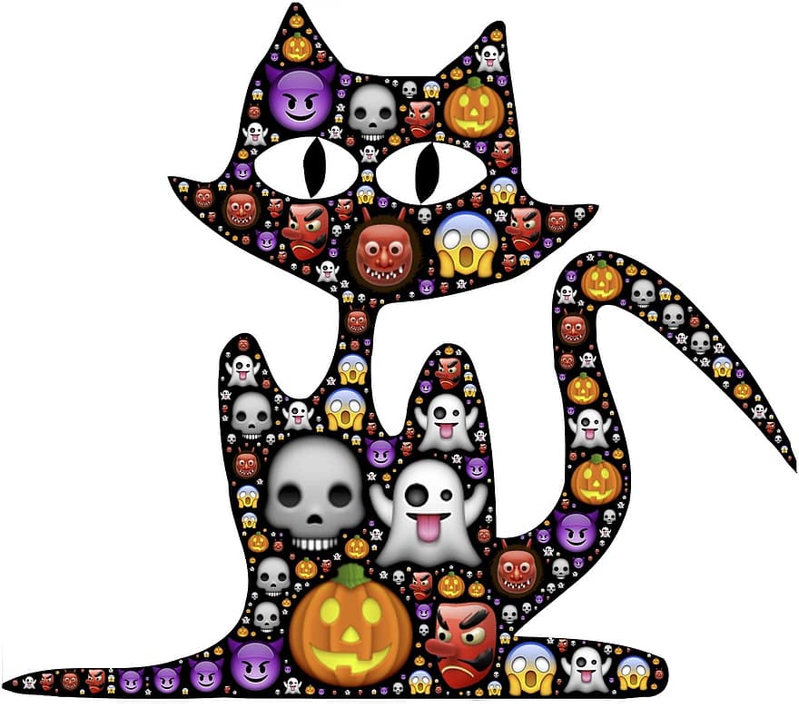 kat, halloween, emoji, skræmmende, Frygteligt, uhyggelig, ikoner, symbol, ferie, fest, sort