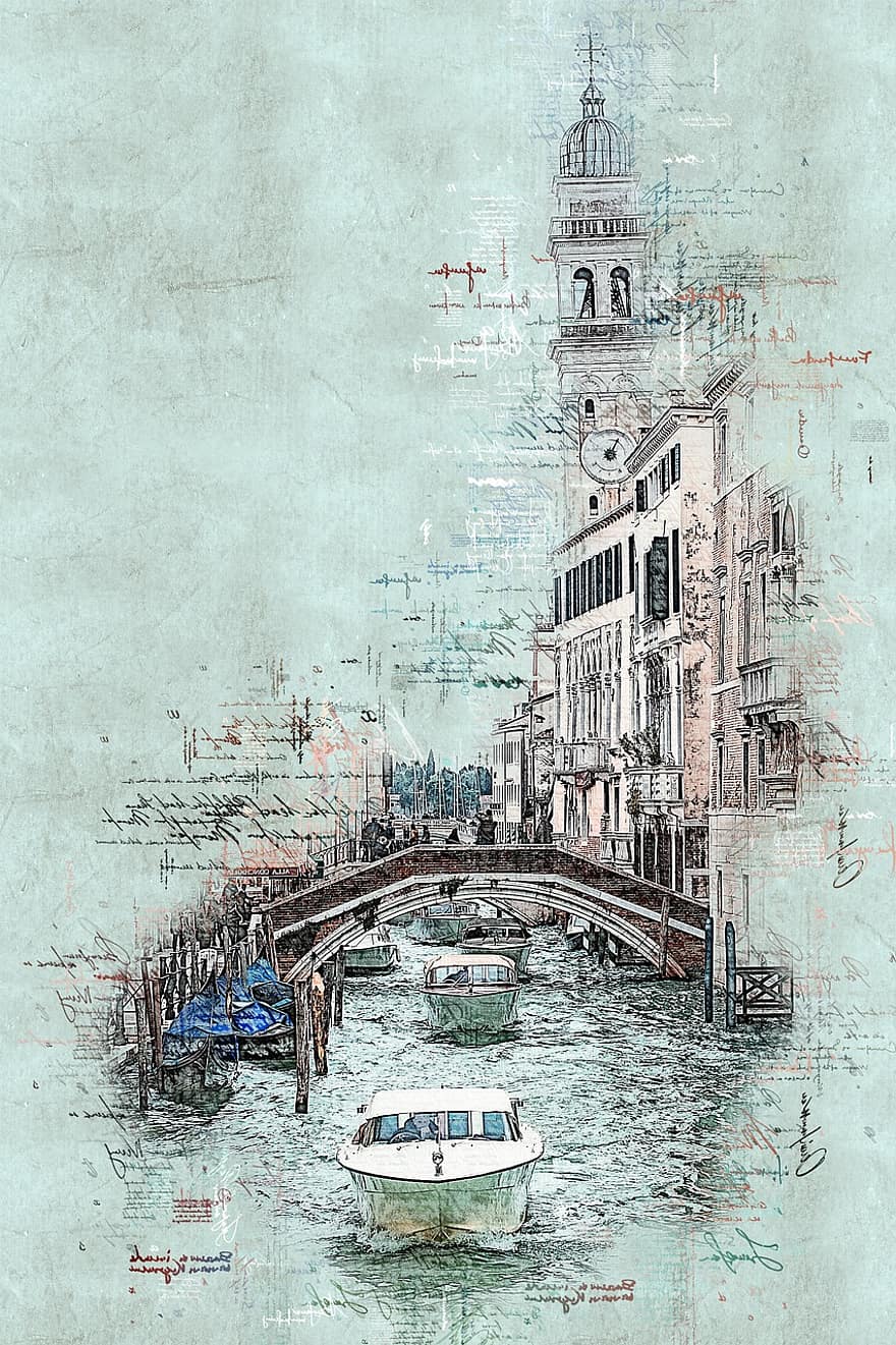 kanaal, boten, brug, Venetië, architectuur, stad, gebouwen, motorboten, schilderij