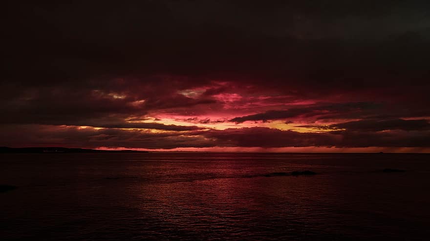 solnedgang, skyer, hav, soloppgang, vann, bølge, silhouette, refleksjon, kyst, kystlinje, horisont