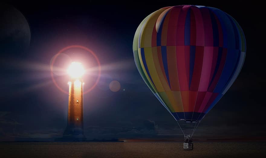 ballon, luftballonstur, mission, fyrtårn, nattehimmel, glød, nat, hav, atmosfærisk, mørke, lys