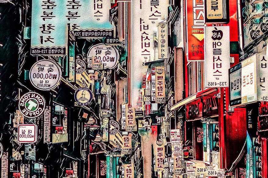 cidade, sinais, fundo, lojas, varejo, Coréia, papel de parede, metrópole