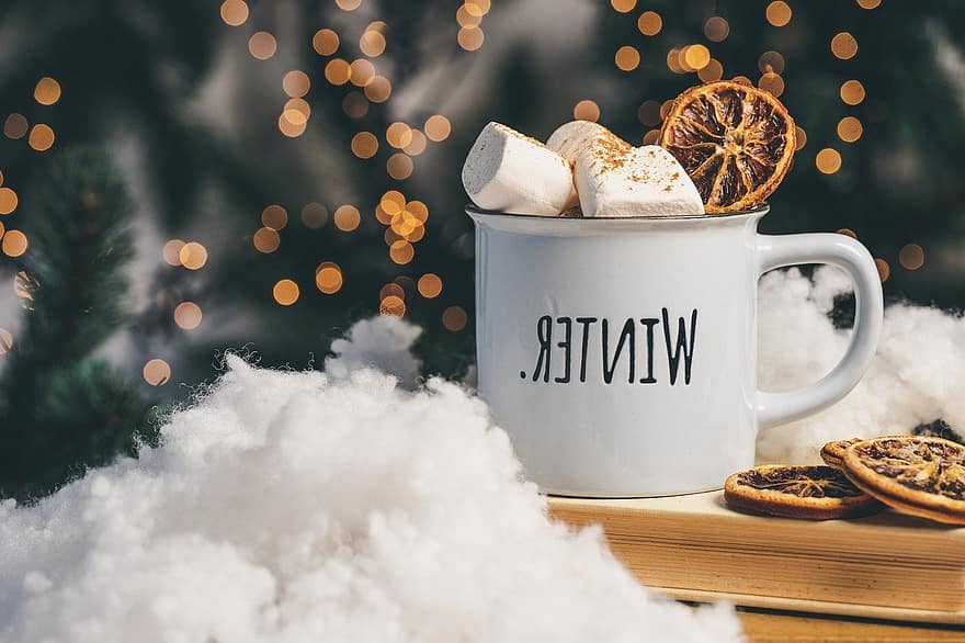 koffie, marshmallows, drinken, sneeuw, winter, bokeh