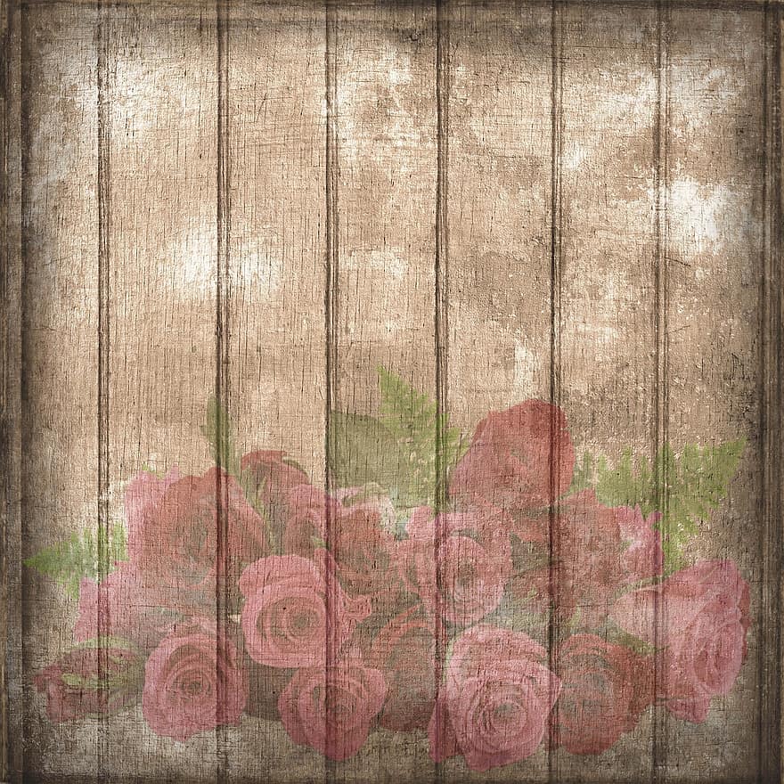 On Wood, Wooden Wall, Wood Picture, Vintage, Romantic, Roses, Bouquet Of Roses, Old, Nostalgic, Wood, Boards