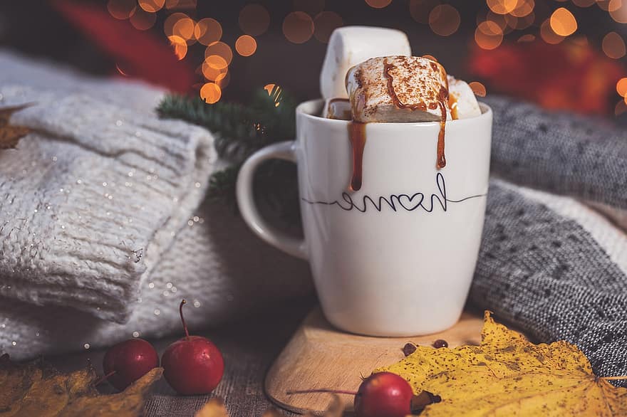 marshmallow, café, caneca, Natal, smores, suéter, cerejas, folha, copo, época natalícia, calor