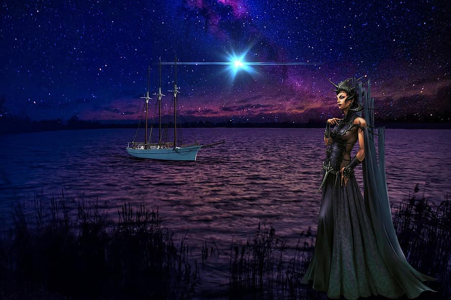 Pozadí, noc, jezero, loď, kouzelník, fantazie, ženský, avatar, charakter, digitální umění