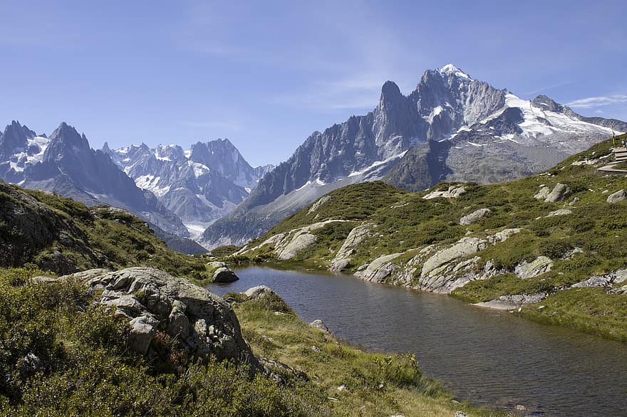 Alpes, montañoso, río, corriente, arroyo, Valle, valle de montaña, cumbre, pico, montañas, cordillera