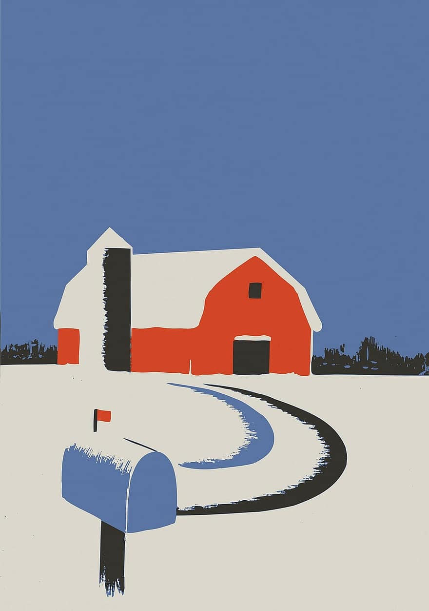 stodoła, czerwony, niebieski, niebo, śnieg, silos, skrzynka pocztowa, ścieżka, sztuka, Blue Email, Niebieska ścieżka
