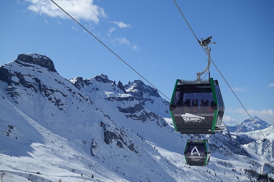 Cablecar, Cableway, Lift, Mountains, Snow, Winter, Step Pordoi, Dolomites, Dolomiti Superski, Arabba, Italy