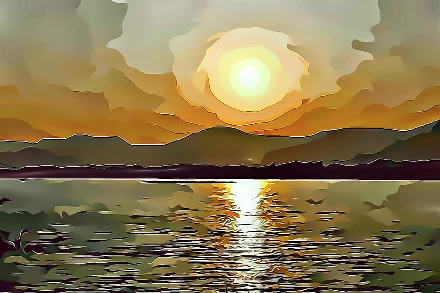 Dom, por do sol, rio, lago, mar, oceano, agua, reflexão, pintura, arte, artístico