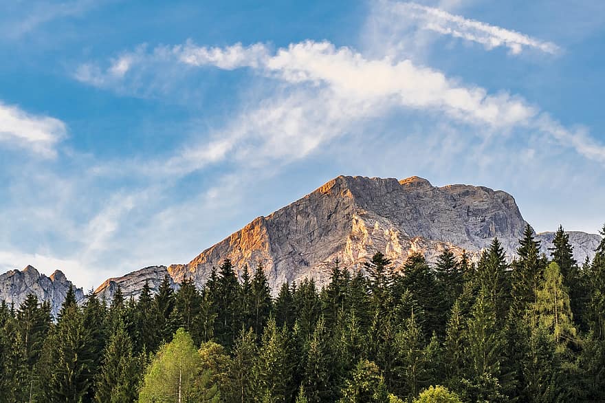 montañas, pico, puesta de sol, paisaje, resplandor crepuscular, naturaleza, Berchtesgaden, Alpes, arboles, bosque, cumbre