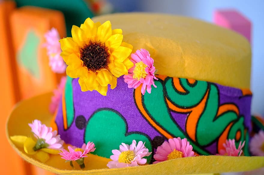 lokk, karneval, hatt, fest hatt, Festhette, blomst, multi farget, nærbilde, feiring, dekorasjon, sommer