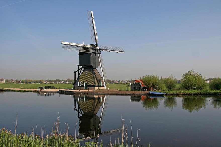 mlýn, keře, pastvina, kinderdijk, regiony, Nizozemí, voda, venkovské scény, letní, větrný mlýn, krajina