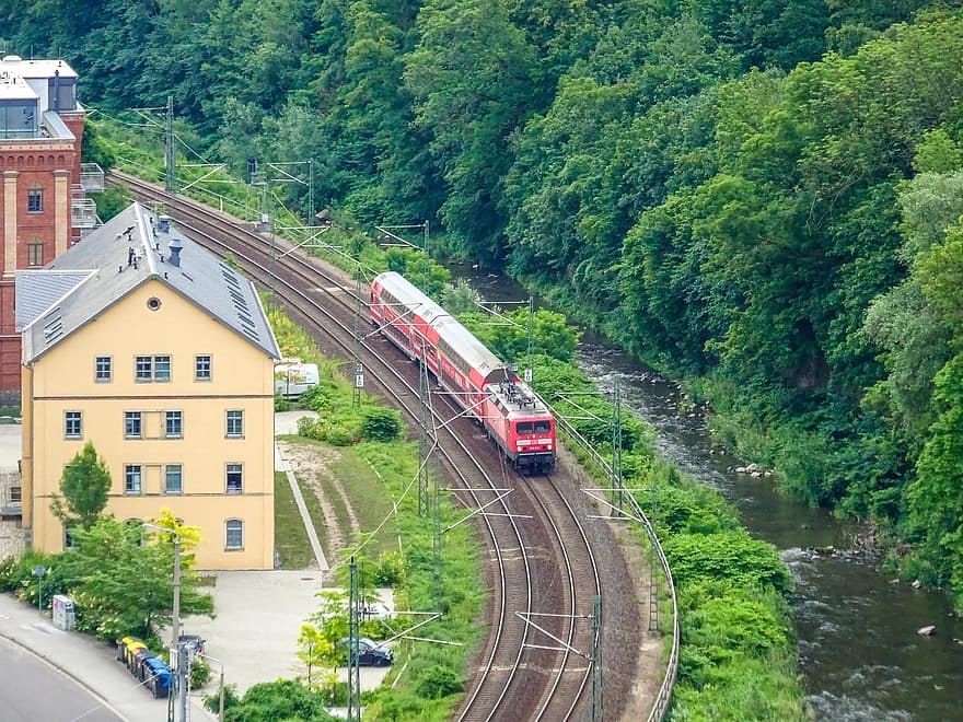 traukinys, geležinkelio, namų, medžiai, miškas, Dresden, Vokietija, transportavimas, geležinkelio bėgiai, kelionė, automobilis