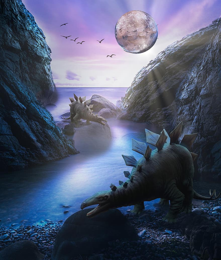 dinosaurus, måne, hav, fantasi, bjerge, mysterium, lys, planet, plads, videnskab, illustration