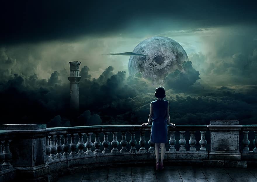 smutný, temný, měsíc, měsíční svit, dáma, Stálá dáma, princezna, balkón, věž, terasa, mraky