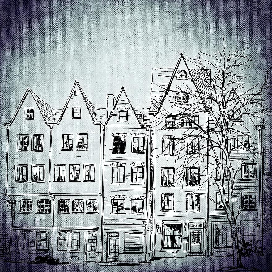 Houses, Architecture, Drawing, Row