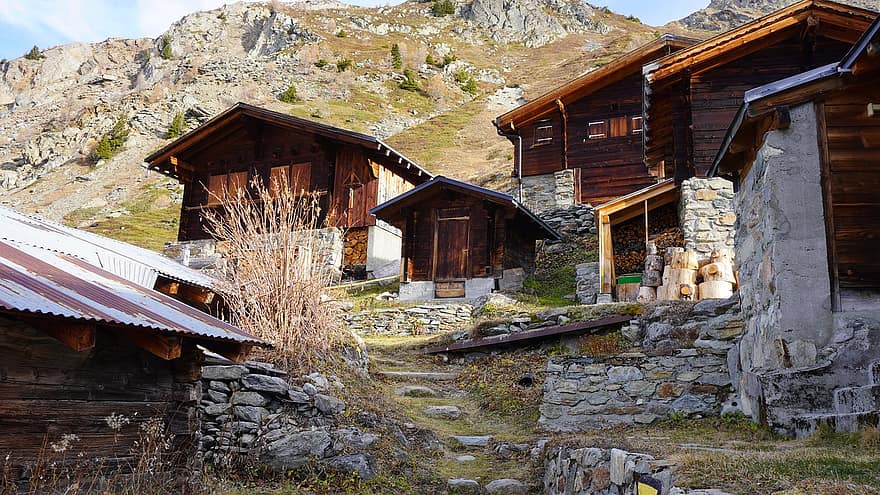 chalé, outono, Alpes, montanha, madeira, cena rural, panorama, cabana, arquitetura, verão, culturas