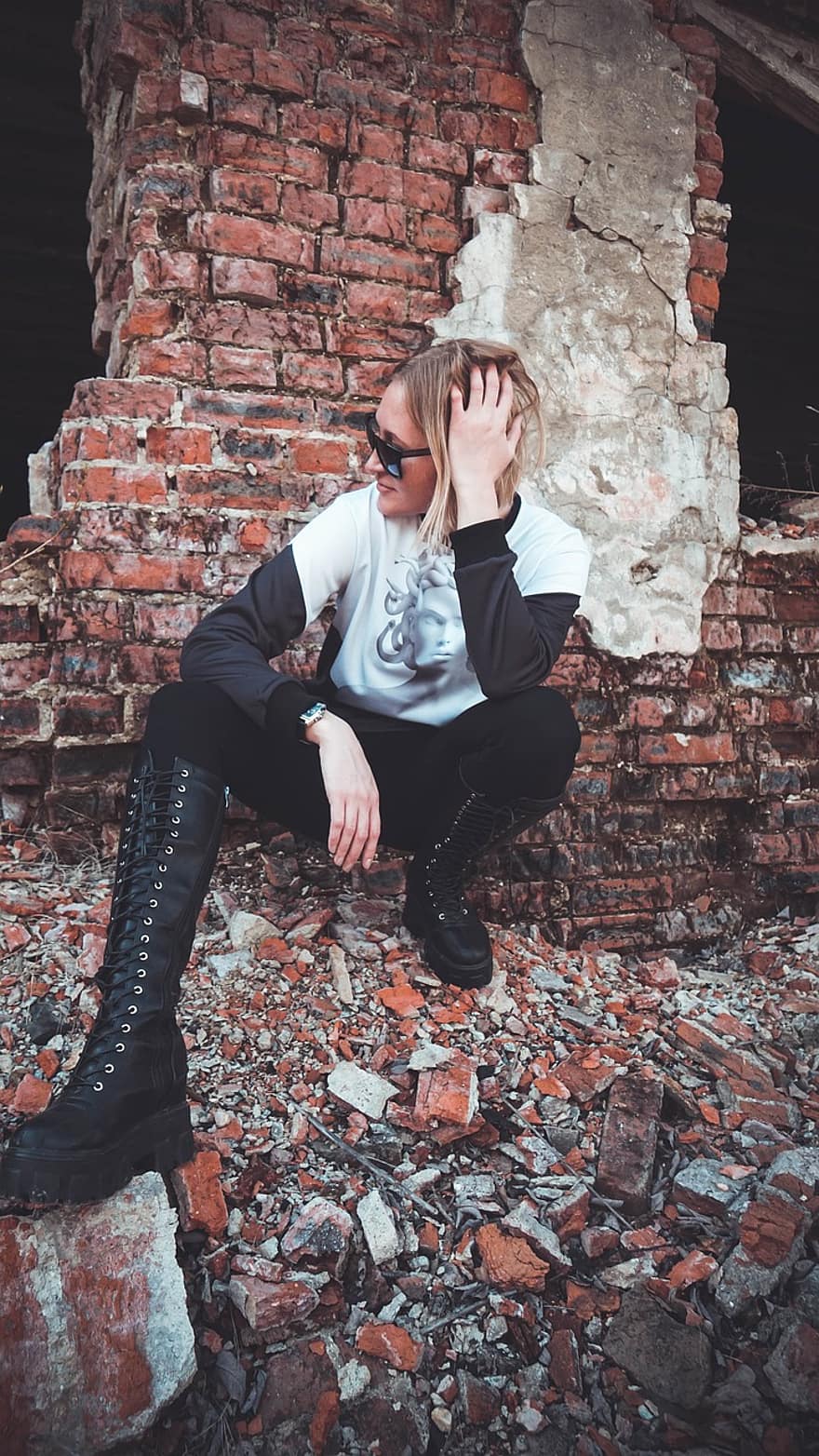 Girl, Fashion, Brick, Woman, Blonde, Glasses, Brickwall, Boots, Shoes, Style, one person