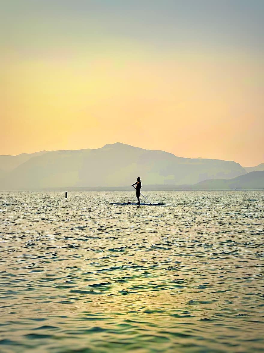 hav, paddleboarding, solnedgang, ocean, skumring
