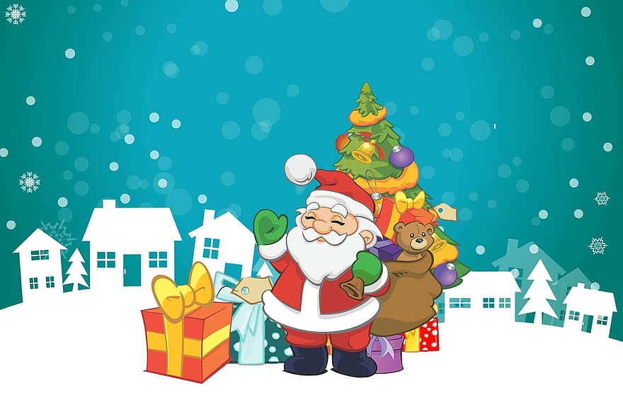 贈り物、クリスマス、サンタ、木、雪、バッグ、お祝い、クロース、イブ、家、霜