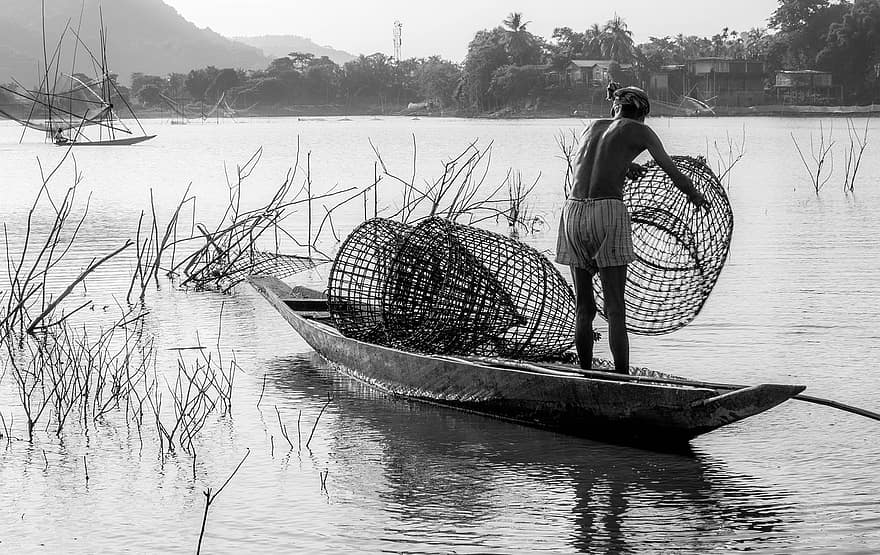 釣り、漁師、ボート、湖、伝統的な、文化、水、川、霧、村、田舎