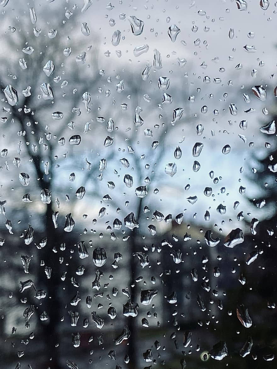 Regentropfen, Fenster, Stadt, Regen, fallen, Hintergründe, abstrakt, nass, Nahansicht, Flüssigkeit, Glas