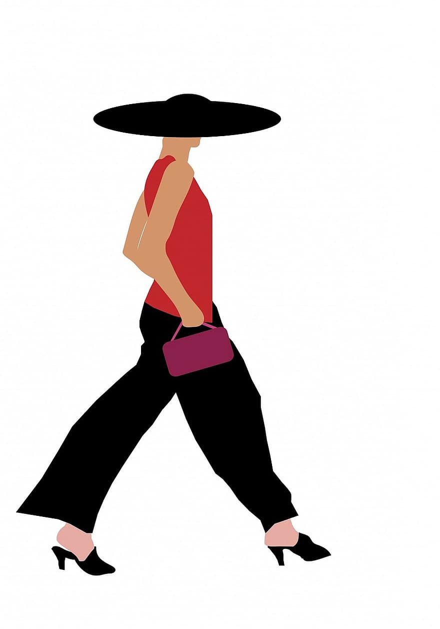 kvinna, lady, flicka, trendig, modern, chic, byxor, svart, hatt