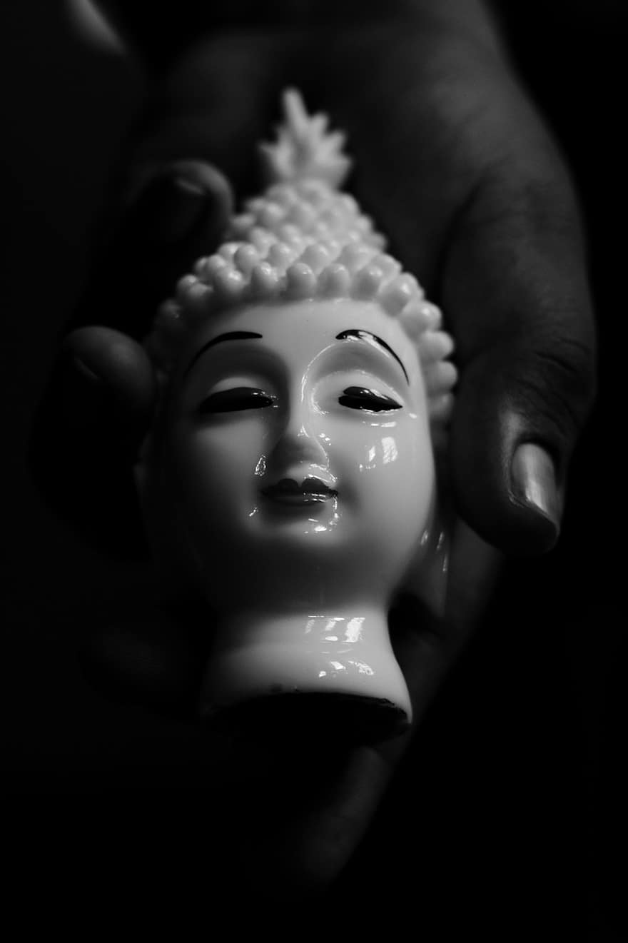 elmélkedés, Buddha, béke, üveggolyó, közelkép, vallás, emberi arc, fekete és fehér, egy ember, emberi kéz, buddhizmus
