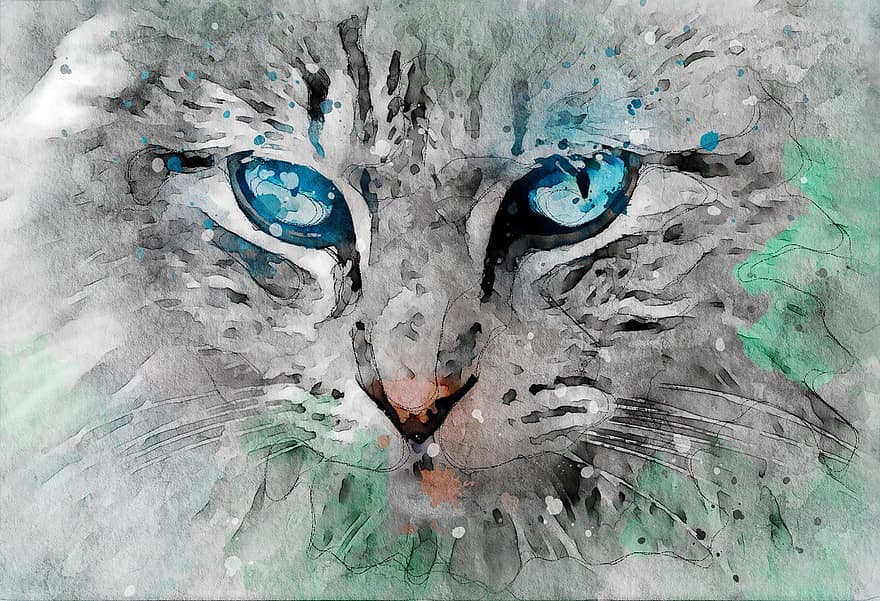 แมว, ภาพวาด, สีน้ำ, สัตว์, การ์ตูน, ศิลปะ, สี, Aquarelle, จิตรกรรม, แมวสีเทา, การ์ตูนสีเทา
