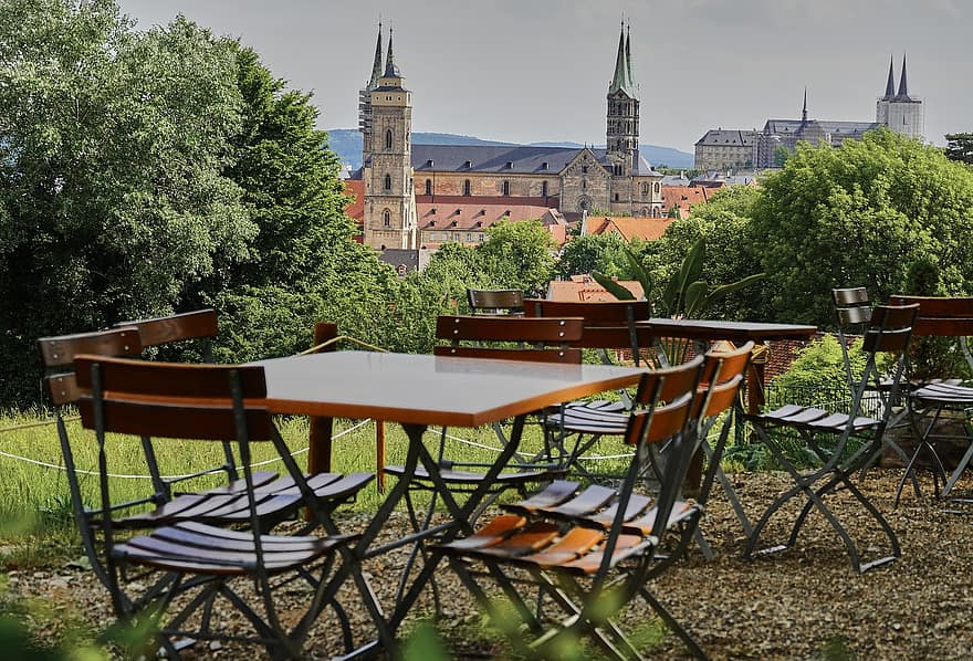 øl bord sæt, bygninger, by, by-, arkitektur, kirke, ølhave, tabeller, stole, Bamberg, bord