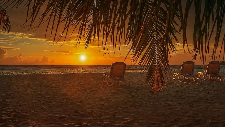 playa, mar, puesta de sol, Dom, sillas, palma, agua, arena, amanecer, nubes, vacaciones