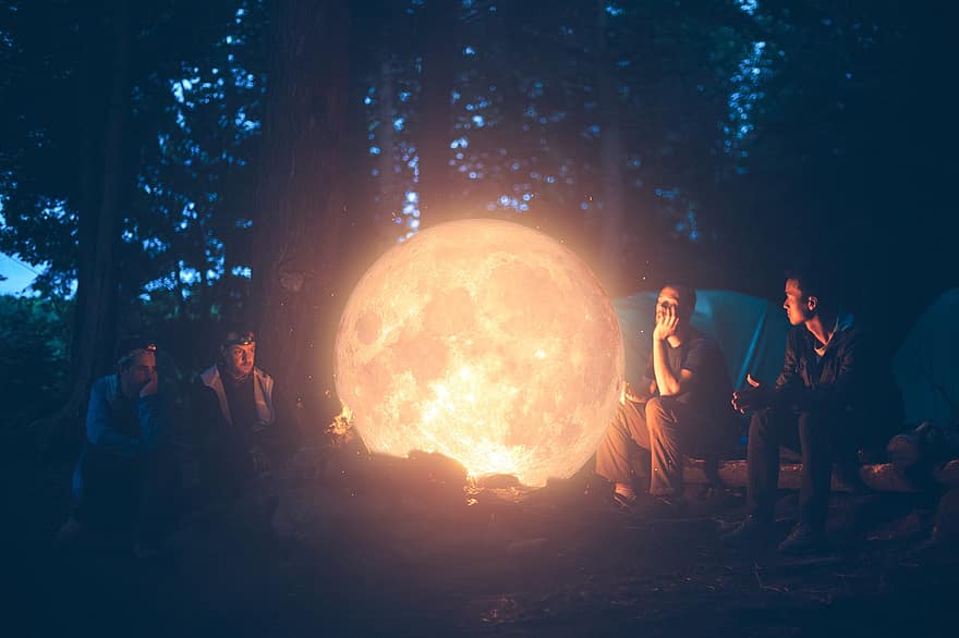 Fantasy, People, Bonfire, Group, Camping, Campfire, Nature, Leisure, Night, Moon, Moonlight