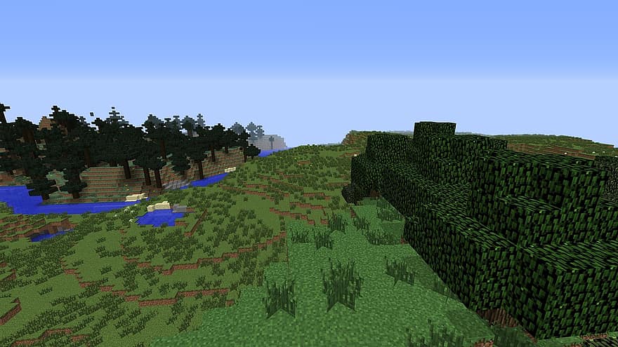 Minecraft, Biom, pievos, žolė, žaisti, žolės, gėlės, kalnas, kalnai, medžiai, vanduo