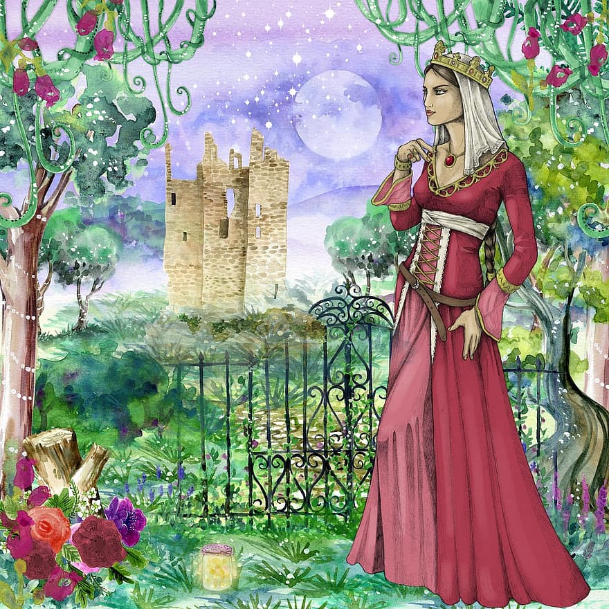 Princess, Castle, Fairy Tale, Watercolor, House, Wood, Forest, Moon, Stars, Fantasy, Light