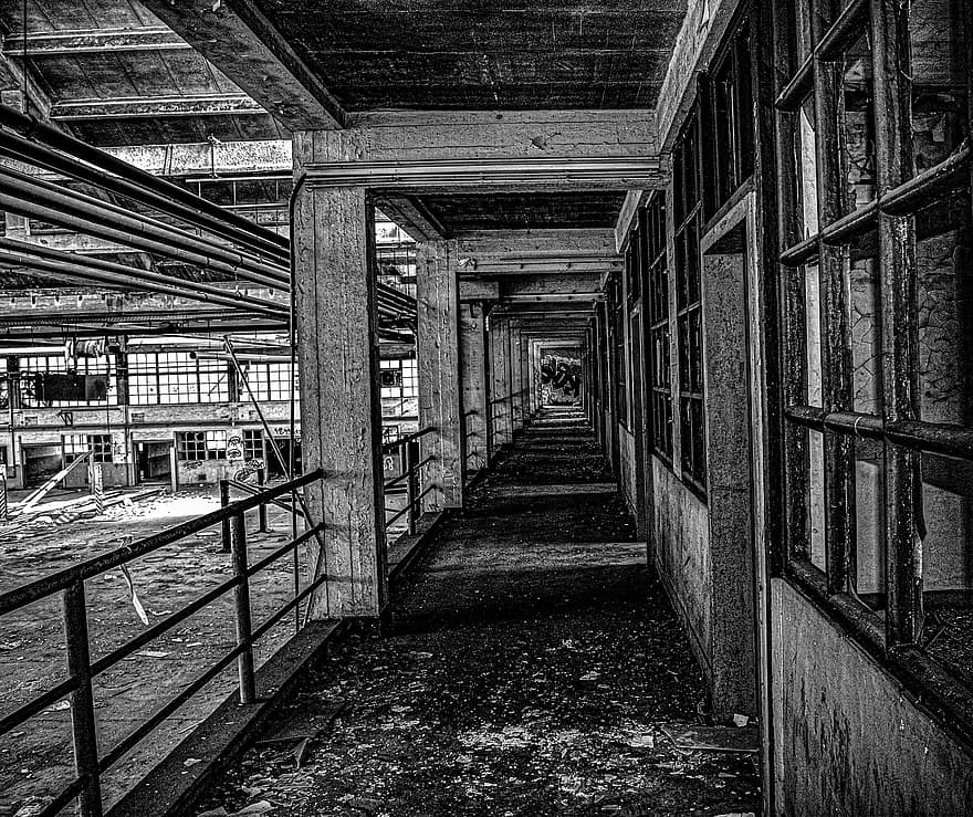 fabryka, stary, opuszczony, miejski, brudny, gruzy, wnętrze, budynek, badanie, złamany, zabytkowe