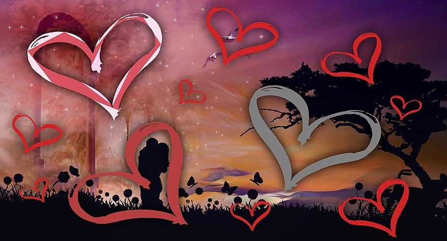 Background, Color, Abstract, Illustration, Couple, Relationship, Love, Postcard, Collage, Hearts