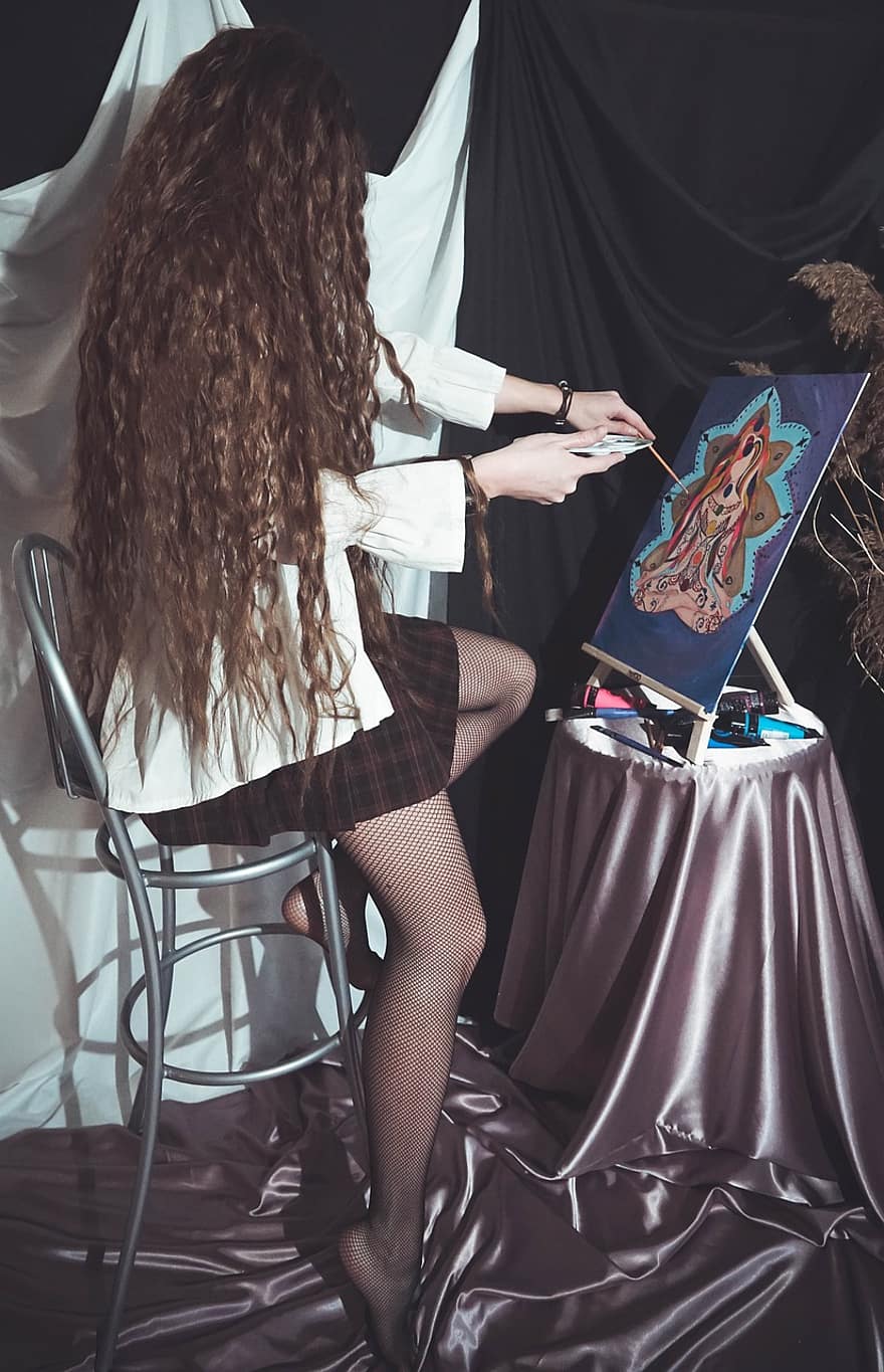 млада жена, коса, художник, създаване, боя, живопис, акварел, ръце, Дами, възрастен, млад възрастен