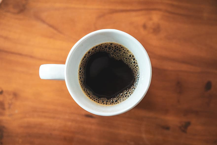 kopi hitam, kopi, minum, kafein, Pandangan atas, minuman panas, cangkir kopi, merapatkan, meja, kayu, panas