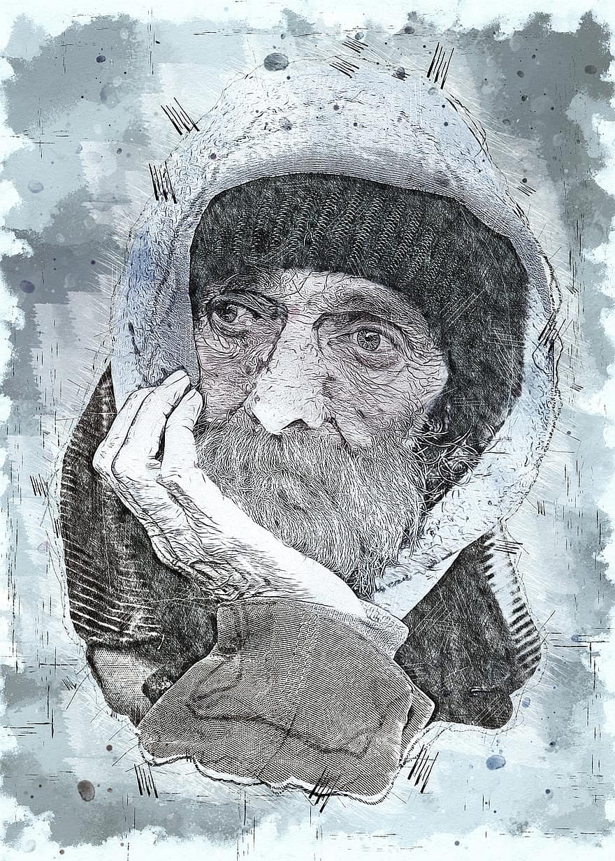 Man, Face, Head, Old, Homeless, Lonely, Male, Depressed, Sadness, Person, Painting
