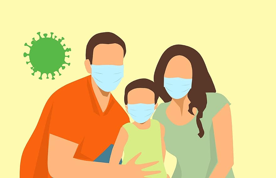 virus, skydd, familj, coronavirus, kvinna, ansikte, mask, handskar, mun, andning, pandemi