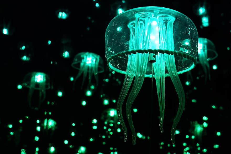 Jellyfish, Color, Dark, Glow, Light, Green, Decoration, Art, Design, underwater, glowing