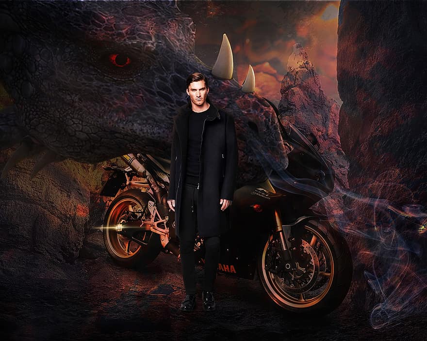 Férfi, sárkány, motorkerékpár