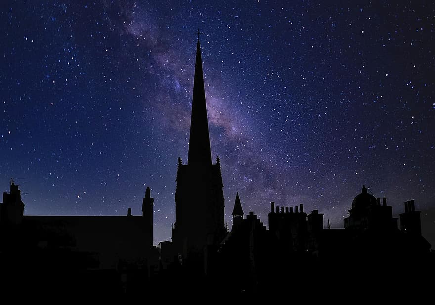 Església, galàxia, fletxa, cel, silueta, nit, fosc, Via Làctea, estrella, espai, arquitectura