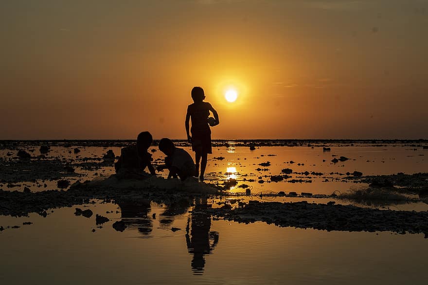 strand, zee, zonsondergang, kinderen, landschap, Indonesië, lombok