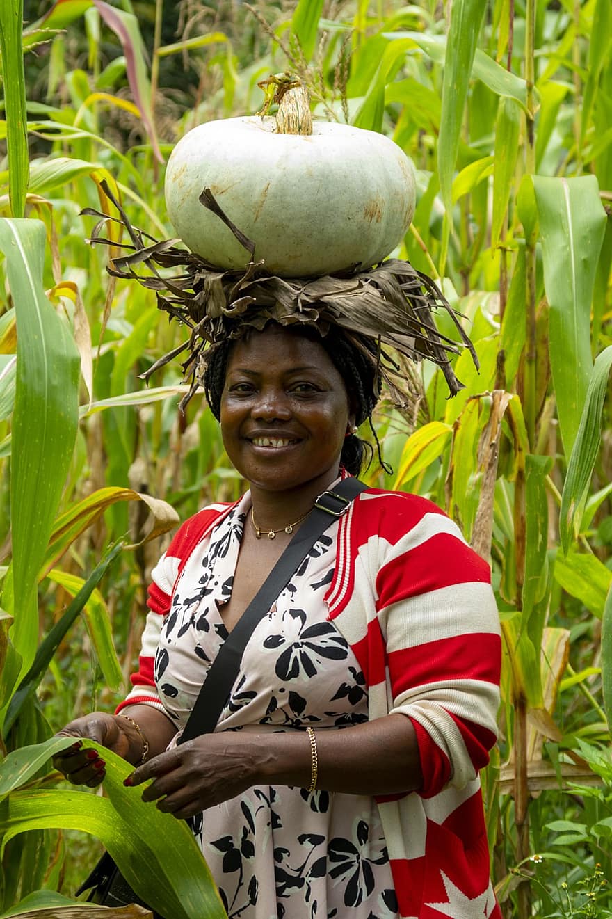 nő, kukorica mező, afrikai nő, természet, mezőgazdaság, mosolygás, PoC, Bipoc