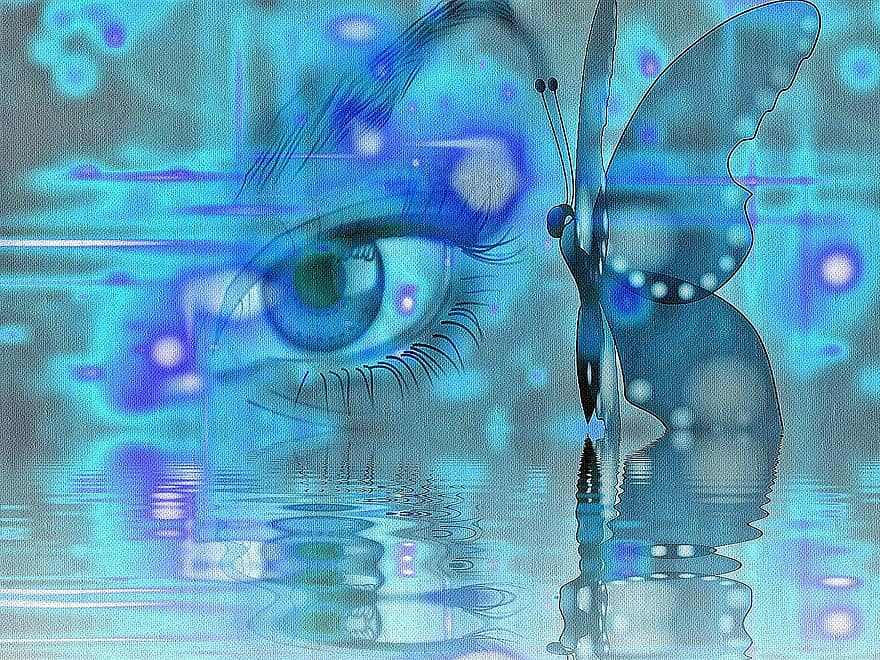 Eye, Butterfly, Memory, Background, Water, Woman, Canvas