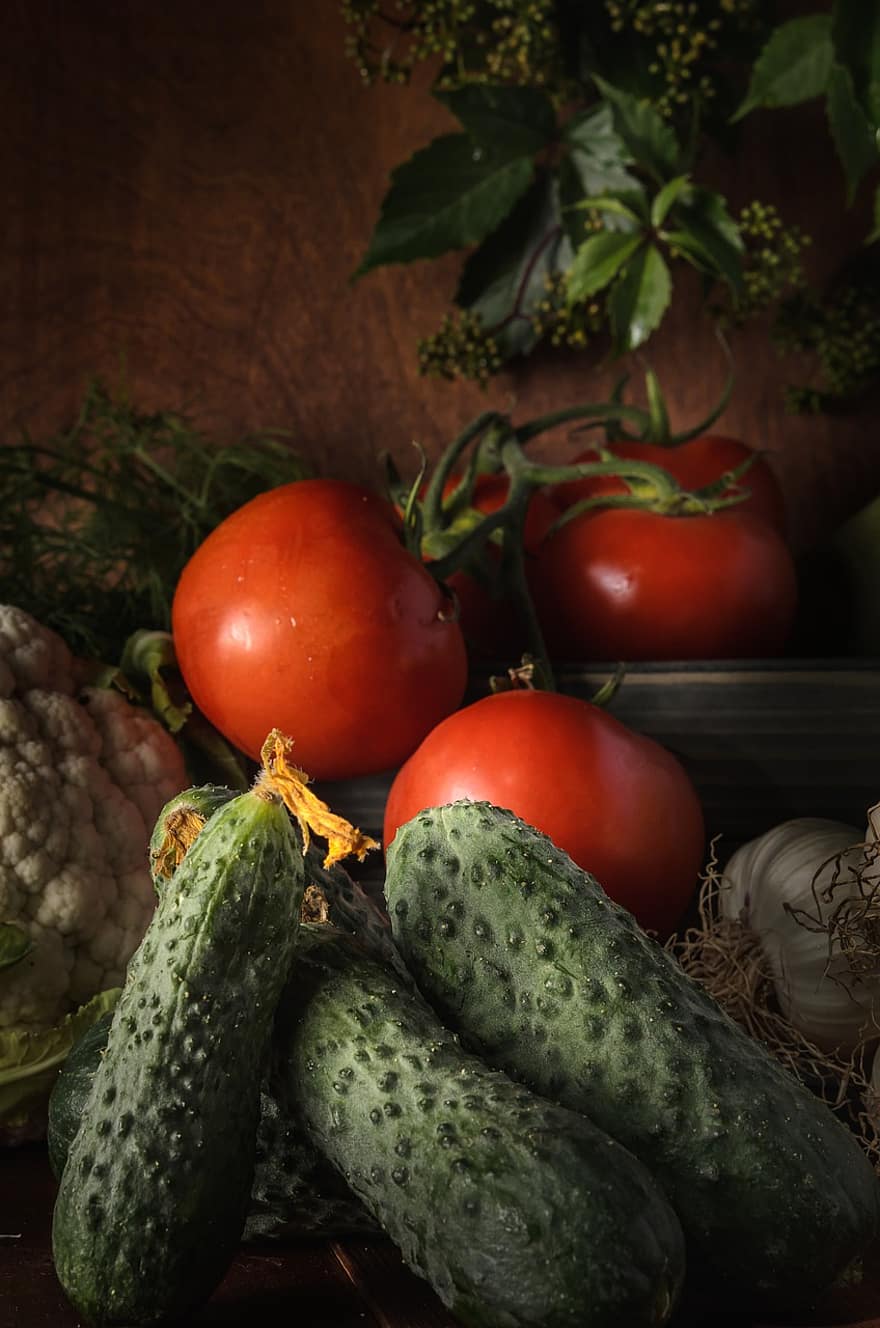 grönsaker, producera, färskvaror, färska grönsaker, tomater, gurka