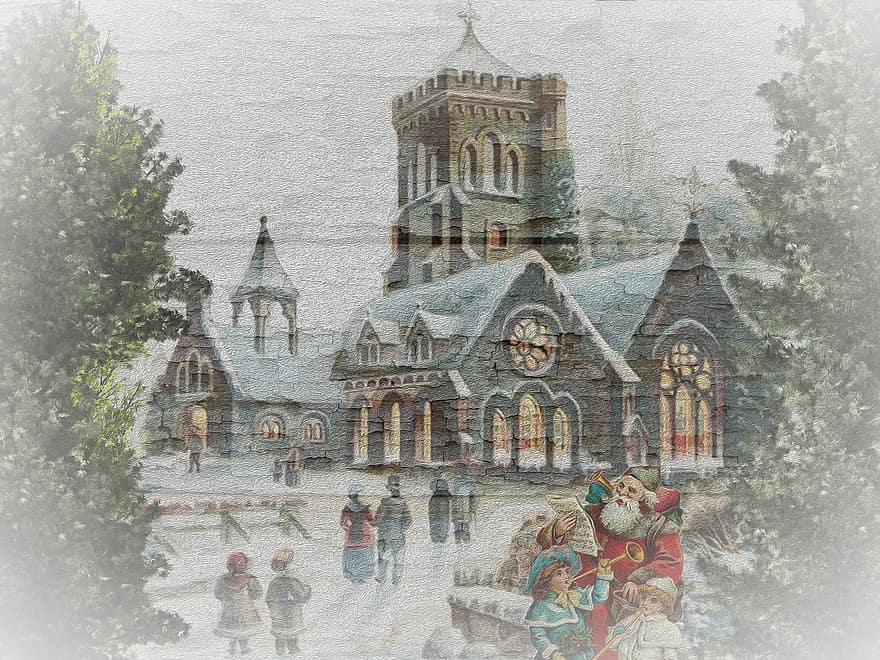 Дядо Коледа, Николас, коледен дух, Коледа, реколта, върху дърво, викториански, носталгичен, идване, зима, пощенска картичка