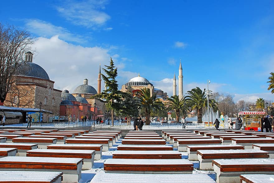edificios, arquitectura, nieve, Estanbul, religión, lugar famoso, alminar, turismo, espiritualidad, culturas, viaje