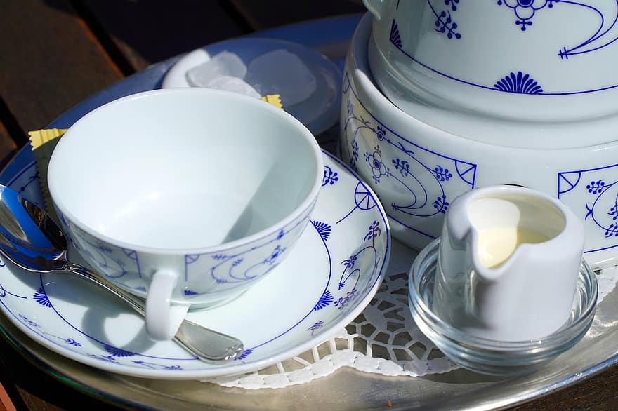 te, kopp, tekopp, te tid, servise, nærbilde, kaffe kopp, tallerken, Keramikk, bord, blå